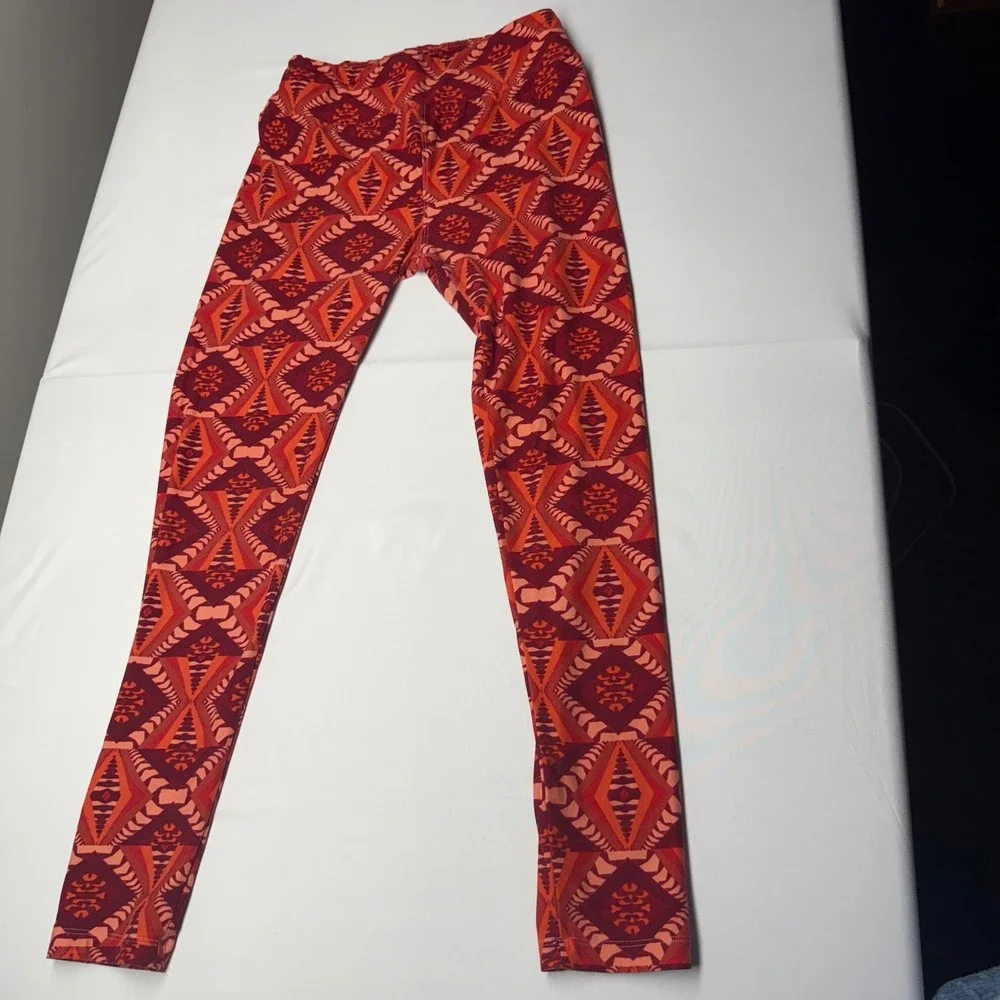 LuLaRoe One‎ Size Leggings Geometric Print Burgundy Orange Women Retro Bohemian - Picture 4 of 9